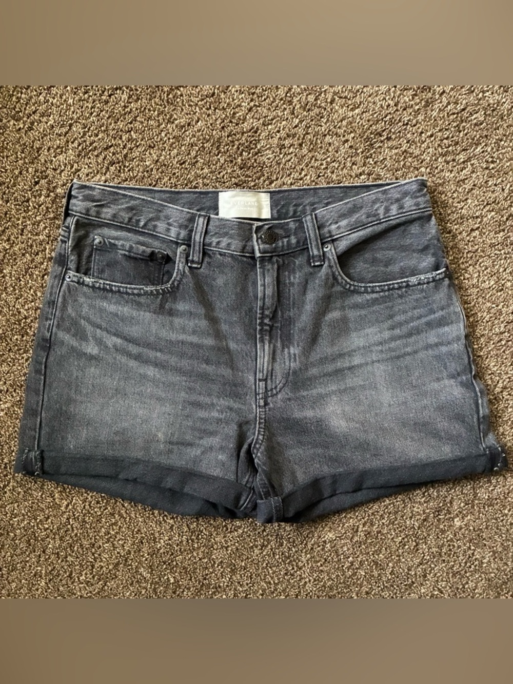 Everlane The Denim Shorts in Washed Black Denim, Size 28, High Rise, Rolled Hem